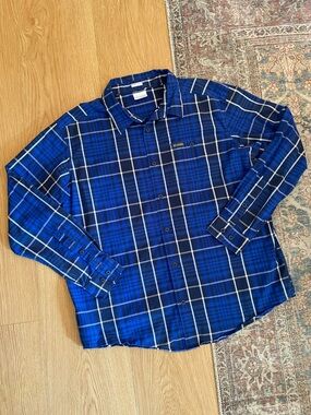 Columbia Blue Plaid Long Sleeve Button-Up Shirt XL Regular Fit Stretch Cotton
